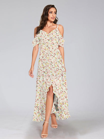 Robe de Demoiselled'Honneur Trapèze/Princesse à Épaules Dénudées, Manches Courtes, Volants, Motif Floral