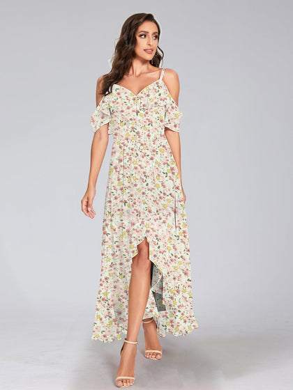 Robe de Demoiselled'Honneur Trapèze/Princesse à Épaules Dénudées, Manches Courtes, Volants, Motif Floral