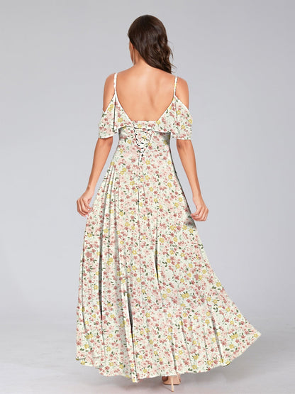 Robe de Demoiselled'Honneur Trapèze/Princesse à Épaules Dénudées, Manches Courtes, Volants, Motif Floral
