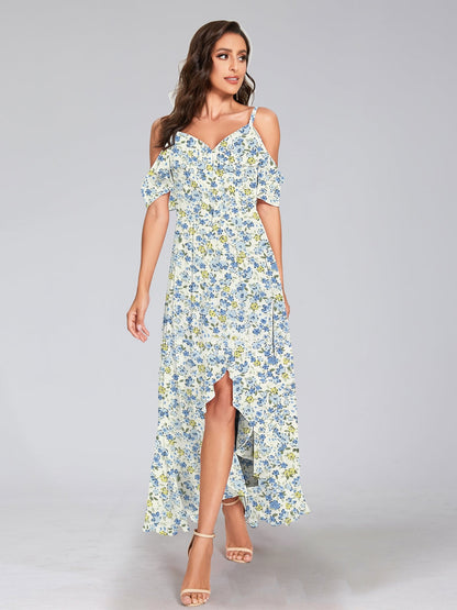 Robe de Demoiselled'Honneur Trapèze/Princesse à Épaules Dénudées, Manches Courtes, Volants, Motif Floral