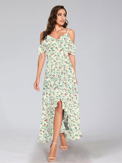 Robe de Demoiselled'Honneur Trapèze/Princesse à Épaules Dénudées, Manches Courtes, Volants, Motif Floral