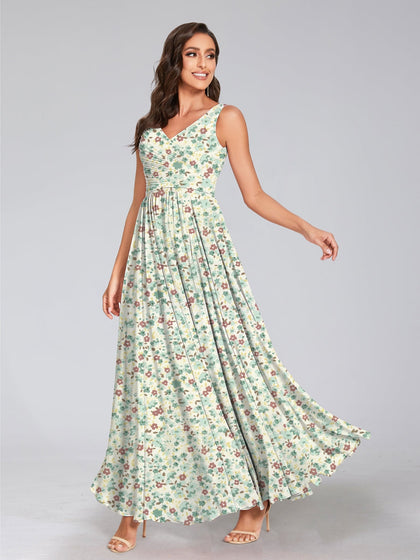 Robes de Demoiselled'Honneur à Fleurs Froncées, Coupe A-Line/Princesse, Col en V, Sans Manches