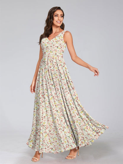 Robes de Demoiselled'Honneur à Fleurs Froncées, Coupe A-Line/Princesse, Col en V, Sans Manches