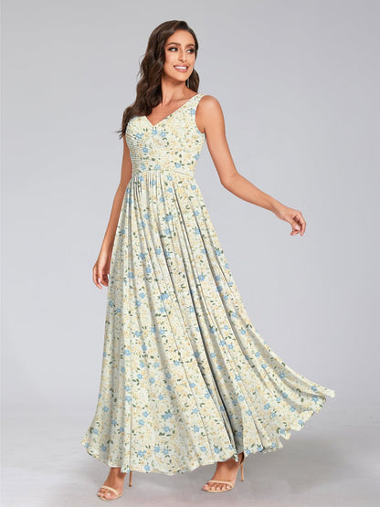 Robes de Demoiselled'Honneur à Fleurs Froncées, Coupe A-Line/Princesse, Col en V, Sans Manches