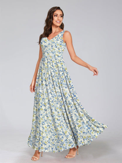 Robes de Demoiselled'Honneur à Fleurs Froncées, Coupe A-Line/Princesse, Col en V, Sans Manches
