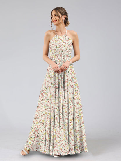 Robes de Demoiselled'Honneur à Fleurs Froncées, Coupe A-Line/Princesse, Dos Nu, Sans Manches