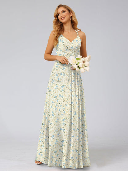 Robes de Demoiselled'Honneur à Fleurs Froncées, Coupe A-Line/Princesse, Dos Nu, Sans Manches