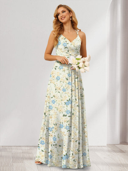 Robes de Demoiselled'Honneur à Fleurs Froncées, Coupe A-Line/Princesse, Dos Nu, Sans Manches