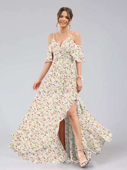 Robe de Demoiselled'Honneur Trapèze/Princesse à Épaules Dénudées, Manches Courtes, Volants, Motif Floral