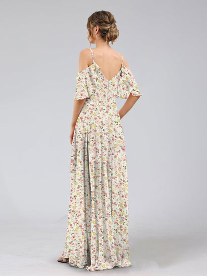 Robe de Demoiselled'Honneur Trapèze/Princesse à Épaules Dénudées, Manches Courtes, Volants, Motif Floral