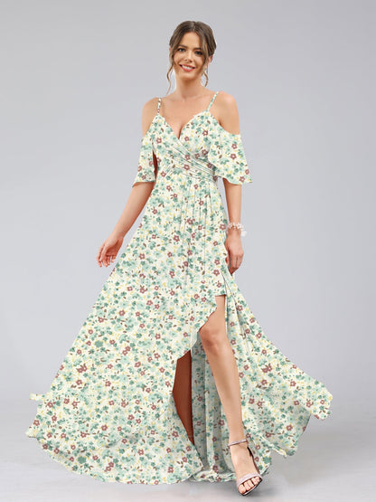 Robe de Demoiselled'Honneur Trapèze/Princesse à Épaules Dénudées, Manches Courtes, Volants, Motif Floral