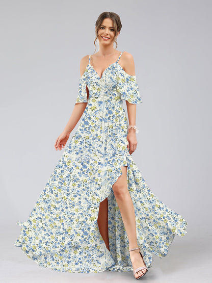 Robe de Demoiselled'Honneur Trapèze/Princesse à Épaules Dénudées, Manches Courtes, Volants, Motif Floral