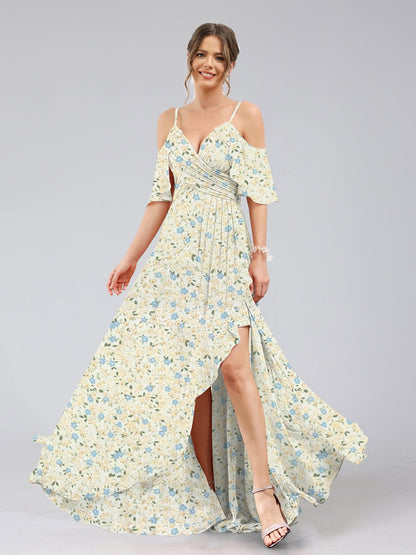 Robe de Demoiselled'Honneur Trapèze/Princesse à Épaules Dénudées, Manches Courtes, Volants, Motif Floral