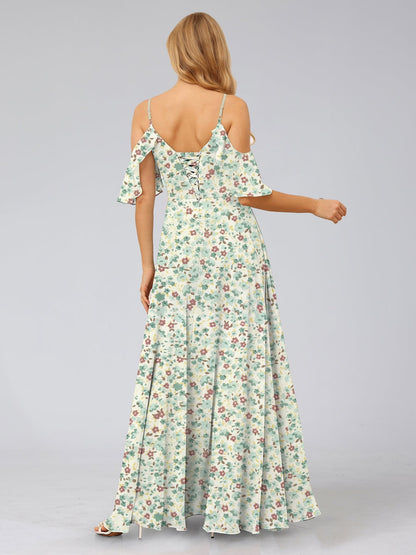 Robe de Demoiselled'Honneur Trapèze/Princesse à Épaules Dénudées et Manches Courtes, Fendue Sur le Côté, Motif Floral