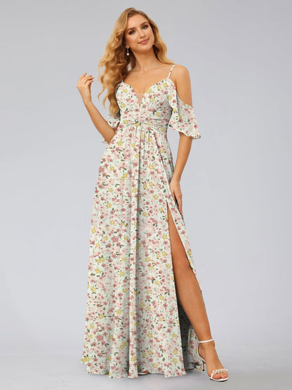 Robe de Demoiselled'Honneur Trapèze/Princesse à Épaules Dénudées et Manches Courtes, Fendue Sur le Côté, Motif Floral