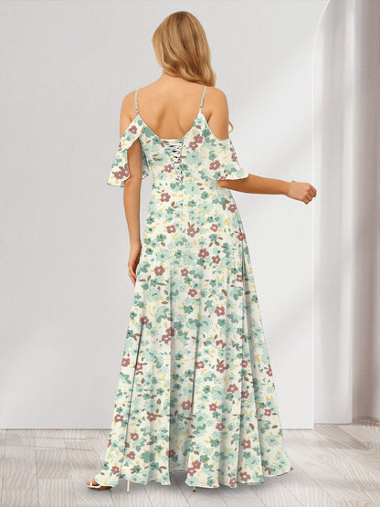 Robe de Demoiselled'Honneur Trapèze/Princesse à Épaules Dénudées et Manches Courtes, Fendue Sur le Côté, Motif Floral