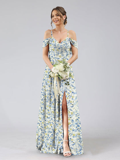 Robe de Demoiselled'Honneur Trapèze/Princesse à Épaules Dénudées et Manches Courtes, Fendue Sur le Côté, Motif Floral