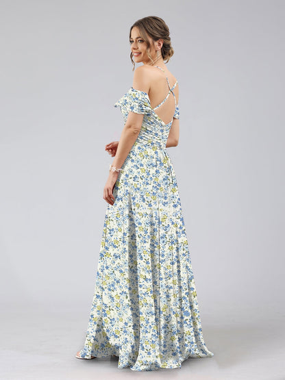 Robe de Demoiselled'Honneur Trapèze/Princesse à Épaules Dénudées et Manches Courtes, Fendue Sur le Côté, Motif Floral