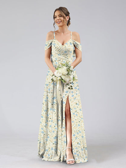 Robe de Demoiselled'Honneur Trapèze/Princesse à Épaules Dénudées et Manches Courtes, Fendue Sur le Côté, Motif Floral