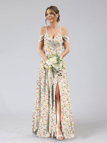 Robe de Demoiselled'Honneur Trapèze/Princesse à Épaules Dénudées et Manches Courtes, Fendue Sur le Côté, Motif Floral