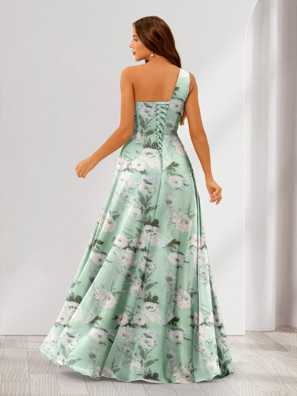Robe de Demoiselled'Honneur Longue à Fleurs, Coupe Trapèze/Princesse, Asymétrique avec Fente Latérale