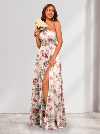 Robe de Demoiselled'Honneur Longue à Fleurs, Coupe Trapèze/Princesse, Asymétrique avec Fente Latérale