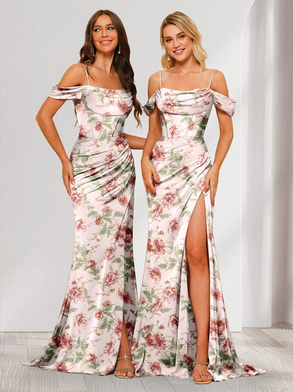 Robe de Demoiselled'Honneur à Fleurs, Longueur au Sol, Épaules Dénudées, Bretelles Spaghetti, Coupe Fourreau/Colonne avec Fente Latérale