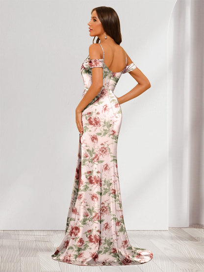 Robe de Demoiselled'Honneur à Fleurs, Longueur au Sol, Épaules Dénudées, Bretelles Spaghetti, Coupe Fourreau/Colonne avec Fente Latérale