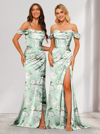 Robe de Demoiselled'Honneur à Fleurs, Longueur au Sol, Épaules Dénudées, Bretelles Spaghetti, Coupe Fourreau/Colonne avec Fente Latérale