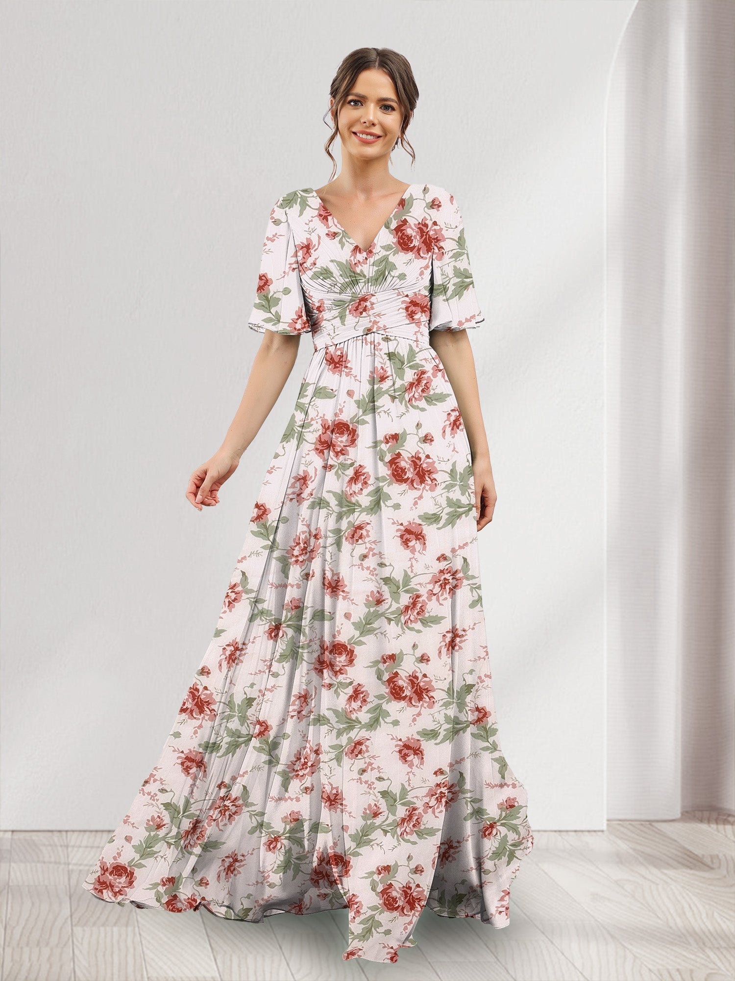 Robe de Demoiselled'Honneur Trapèze à Col en V et Manches Mi-Longues, Fendue Sur le Côté, en Mousseline de Soie, à Fleurs avec Poches