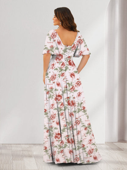 Robe de Demoiselled'Honneur Trapèze à Col en V et Manches Mi-Longues, Fendue Sur le Côté, en Mousseline de Soie, à Fleurs avec Poches