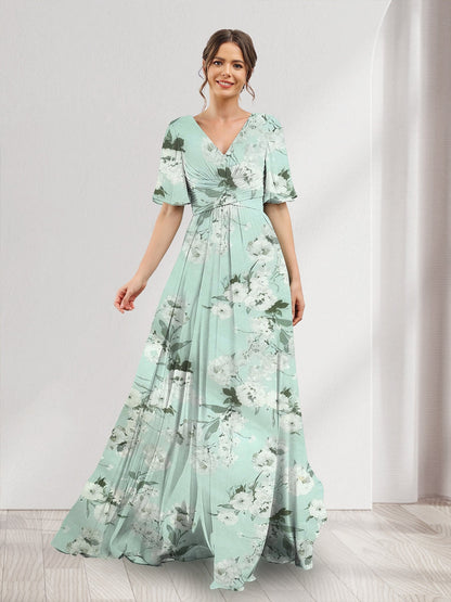Robe de Demoiselled'Honneur Trapèze à Col en V et Manches Mi-Longues, Fendue Sur le Côté, en Mousseline de Soie, à Fleurs avec Poches