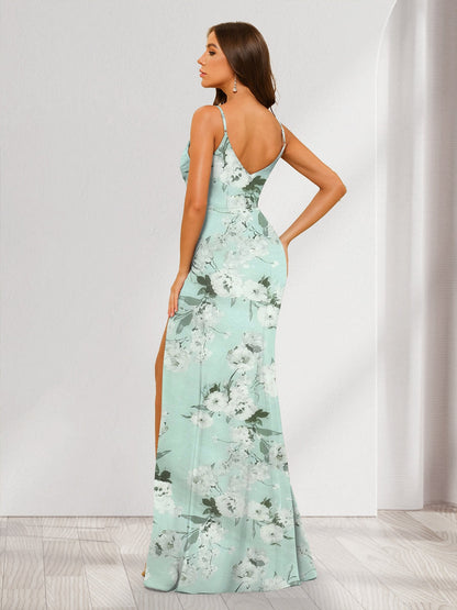 Robe de Demoiselled'Honneur Longue à Bretelles Spaghetti, Coupe Fourreau/Colonne, Motif Floral avec Fente Latérale et Fronces