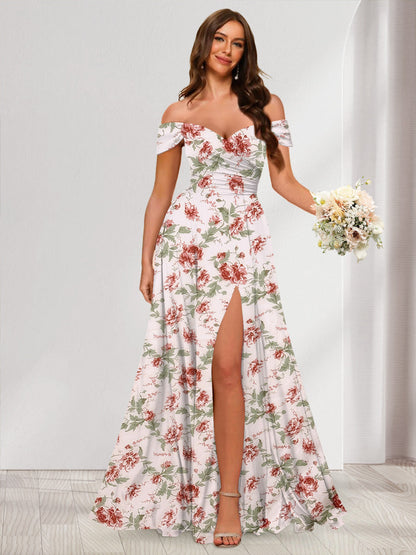 Robes Longues à Fleurs, Longueur au Sol, Épaules Dénudées avec Côté Fendu et Froncé