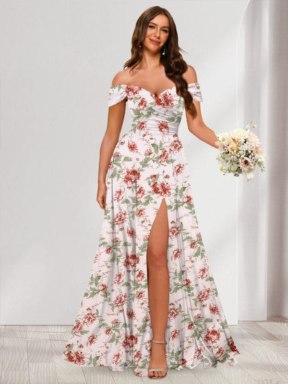 Robes Longues à Fleurs, Longueur au Sol, Épaules Dénudées avec Côté Fendu et Froncé