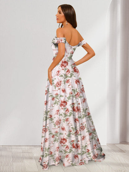 Robes Longues à Fleurs, Longueur au Sol, Épaules Dénudées avec Côté Fendu et Froncé