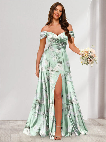 Robes Longues à Fleurs, Longueur au Sol, Épaules Dénudées avec Côté Fendu et Froncé