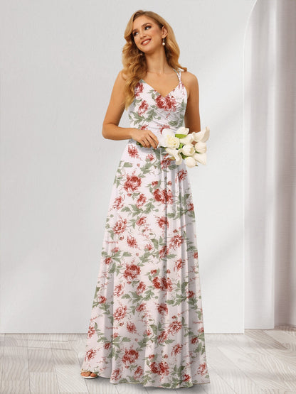 Robe de Demoiselled'Honneur Longue à Fleurs, Coupe A-Line/Princesse, Col en V et Froncée