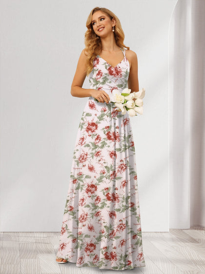 Robe de Demoiselled'Honneur Longue à Fleurs, Coupe A-Line/Princesse, Col en V et Froncée