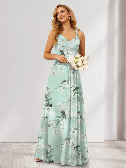 Robe de Demoiselled'Honneur Longue à Fleurs, Coupe A-Line/Princesse, Col en V et Froncée