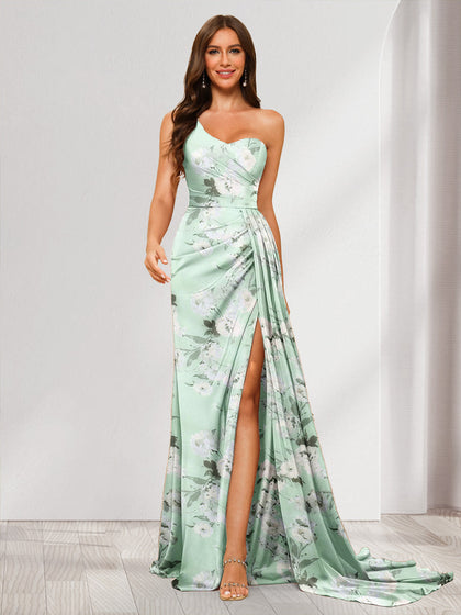 Robe Longue à Fleurs, Fourreau/Colonne, Asymétrique, Décolleté en Cœur avec Fente Sur le Côté