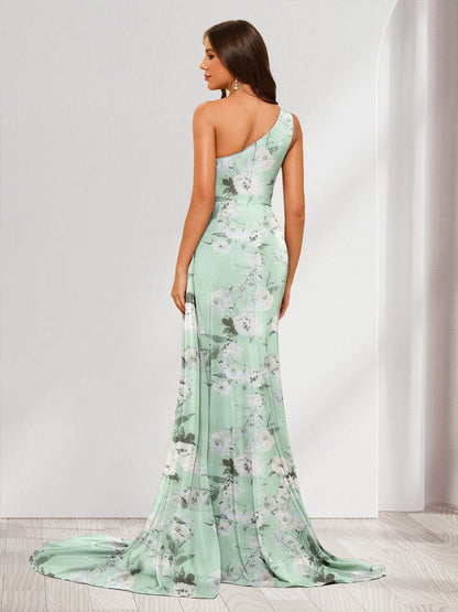 Robe Longue à Fleurs, Fourreau/Colonne, Asymétrique, Décolleté en Cœur avec Fente Sur le Côté