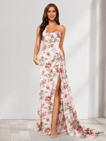 Robe Longue à Fleurs, Fourreau/Colonne, Asymétrique, Décolleté en Cœur avec Fente Sur le Côté