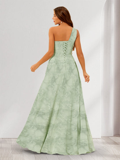 Robe de demoiselle d'honneur longue à fleurs, coupe trapèze/princesse, asymétrique, fente latérale