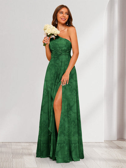 Robe de demoiselle d'honneur longue à fleurs, coupe trapèze/princesse, asymétrique, fente latérale