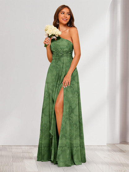 Robe de demoiselle d'honneur longue à fleurs, coupe trapèze/princesse, asymétrique, fente latérale