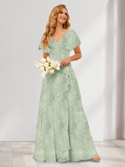 Robe de demoiselle d'honneur longue à fleurs, coupe trapèze/princesse, col V, volants