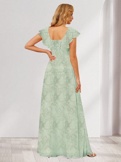 Robe de demoiselle d'honneur longue à fleurs, coupe trapèze/princesse, col V, volants