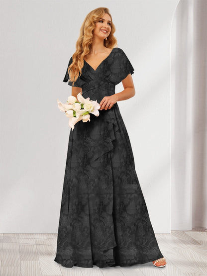 Robe de demoiselle d'honneur longue à fleurs, coupe trapèze/princesse, col V, volants