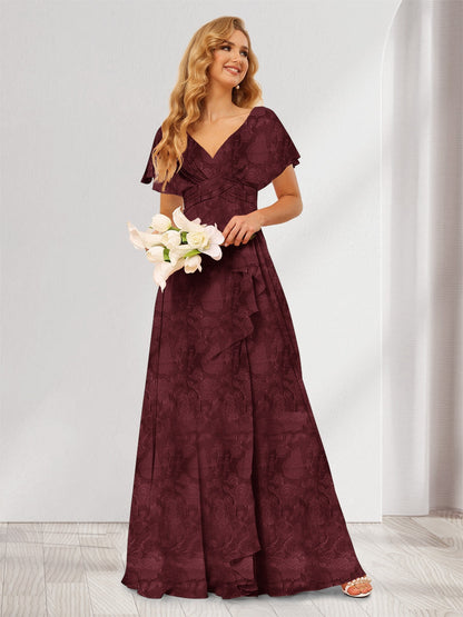 Robe de demoiselle d'honneur longue à fleurs, coupe trapèze/princesse, col V, volants
